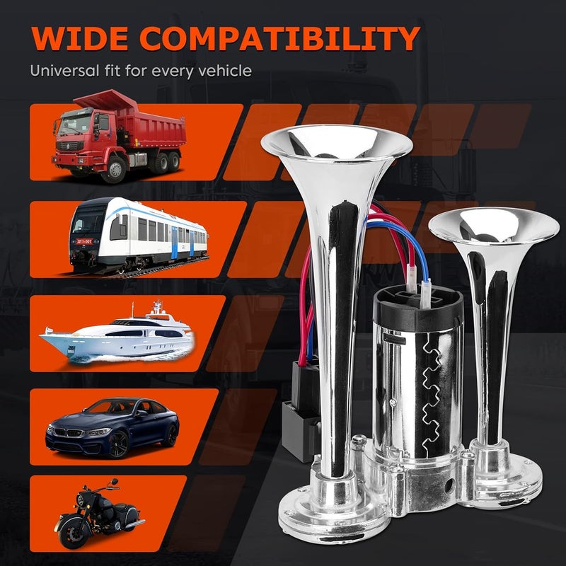 FILTERUP 12V 600DB Upgraded Air Horn Dual Trumpets, Super Loud Train Electric Horn Kit with Air Compressor Compatible with 12V vehicles Trucks Trains Boats Pickup SUVs Cars Speaker - Image 2